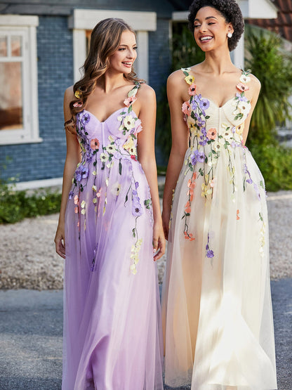 Tea Length Floral Tulle Gown Daffodil