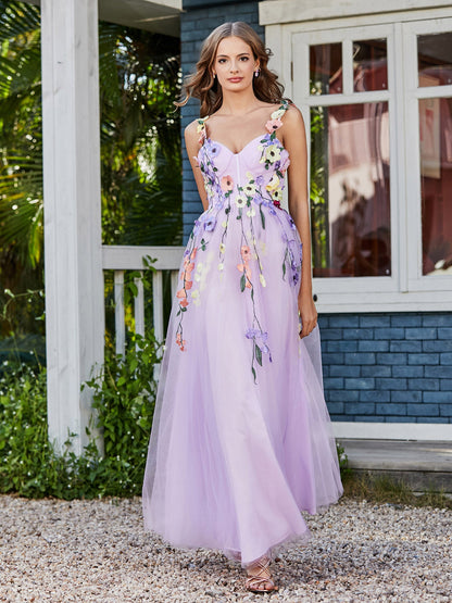 Tea Length Floral Tulle Gown Lilac