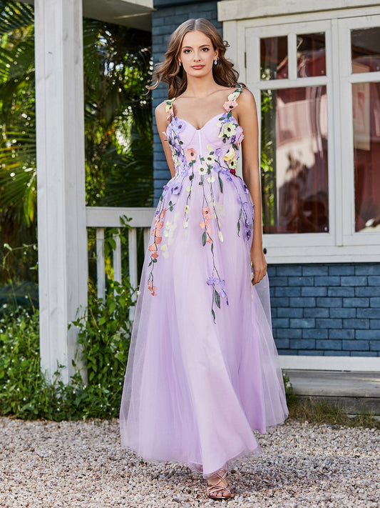 Tea Length Floral Tulle Gown Lilac