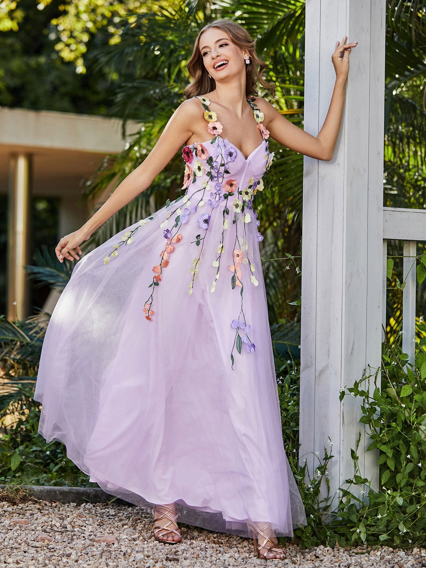Tea Length Floral Tulle Gown Lilac