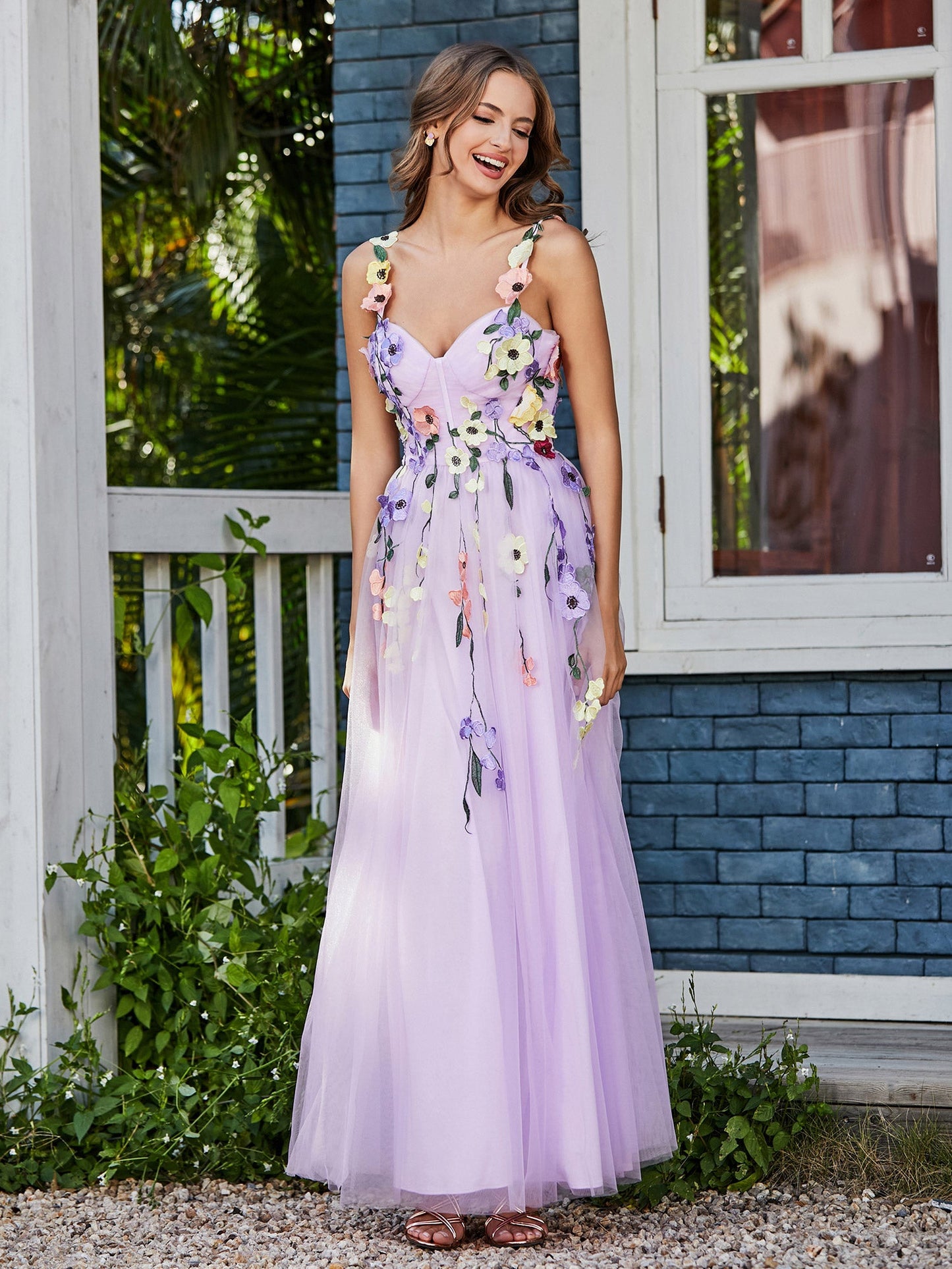 Tea Length Floral Tulle Gown Lilac