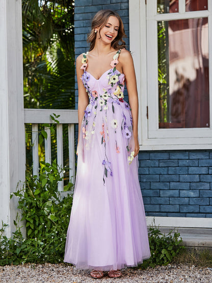Tea Length Floral Tulle Gown Lilac