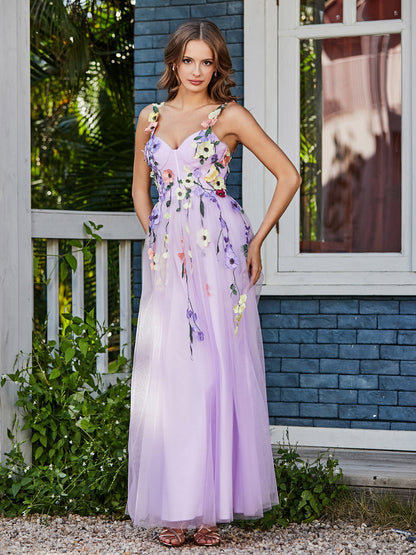 Tea Length Floral Tulle Gown Lilac