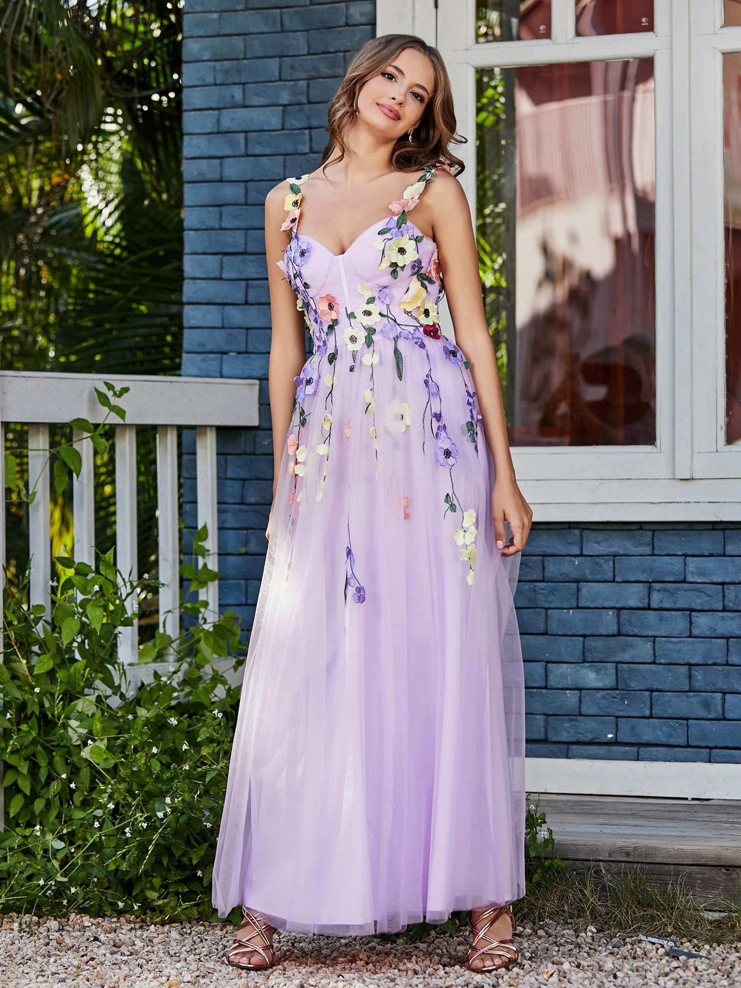 Tea Length Floral Tulle Gown Lilac