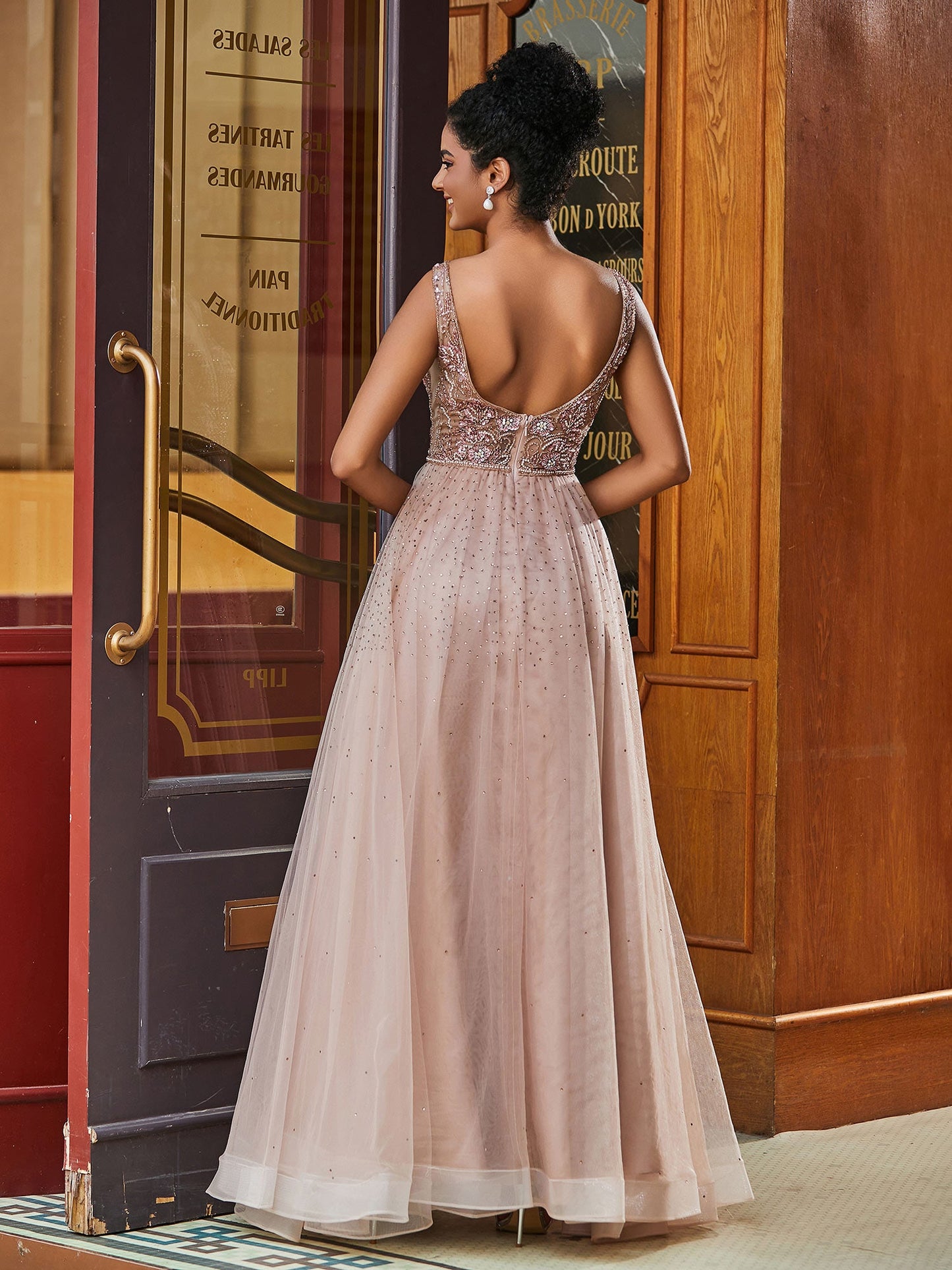 Illusion Neck Beads Rhinestones Decor A-line Tulle Dress Dusty Rose