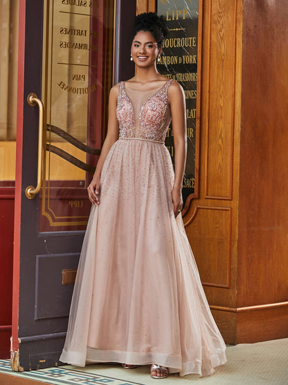 Illusion Neck Beads Rhinestones Decor A-line Tulle Dress Dusty Rose