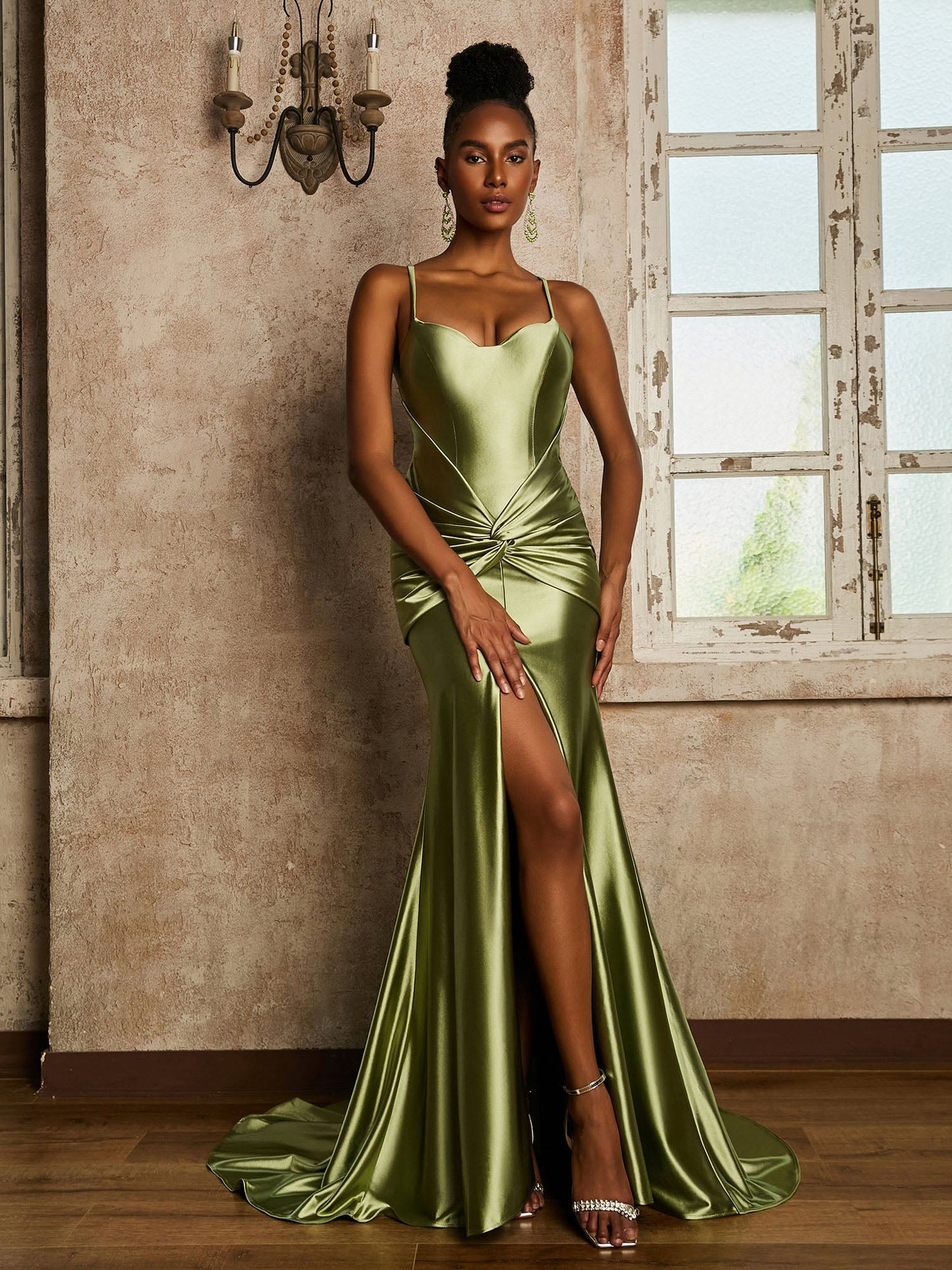 Waist Pleated Mermaid Stretch Satin Dress Dusty Sage