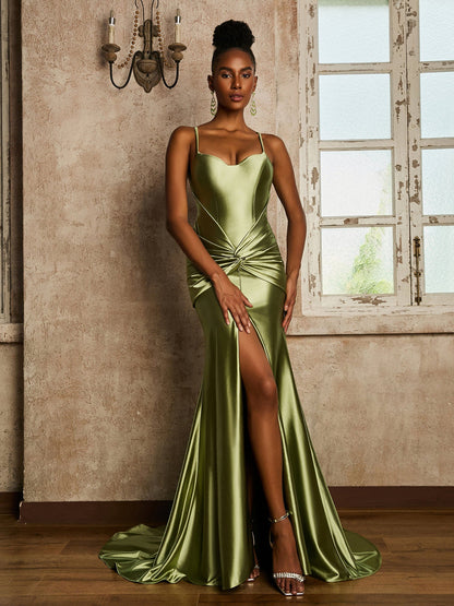 Waist Pleated Mermaid Stretch Satin Dress Dusty Sage