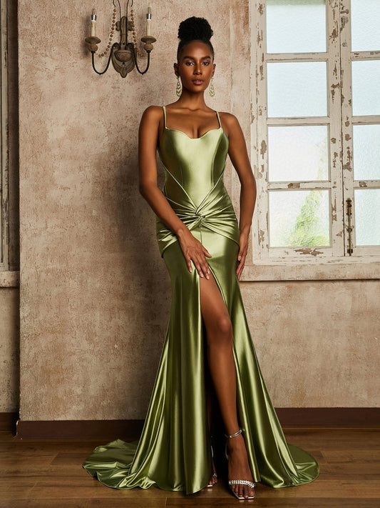 Waist Pleated Mermaid Stretch Satin Dress Dusty Sage