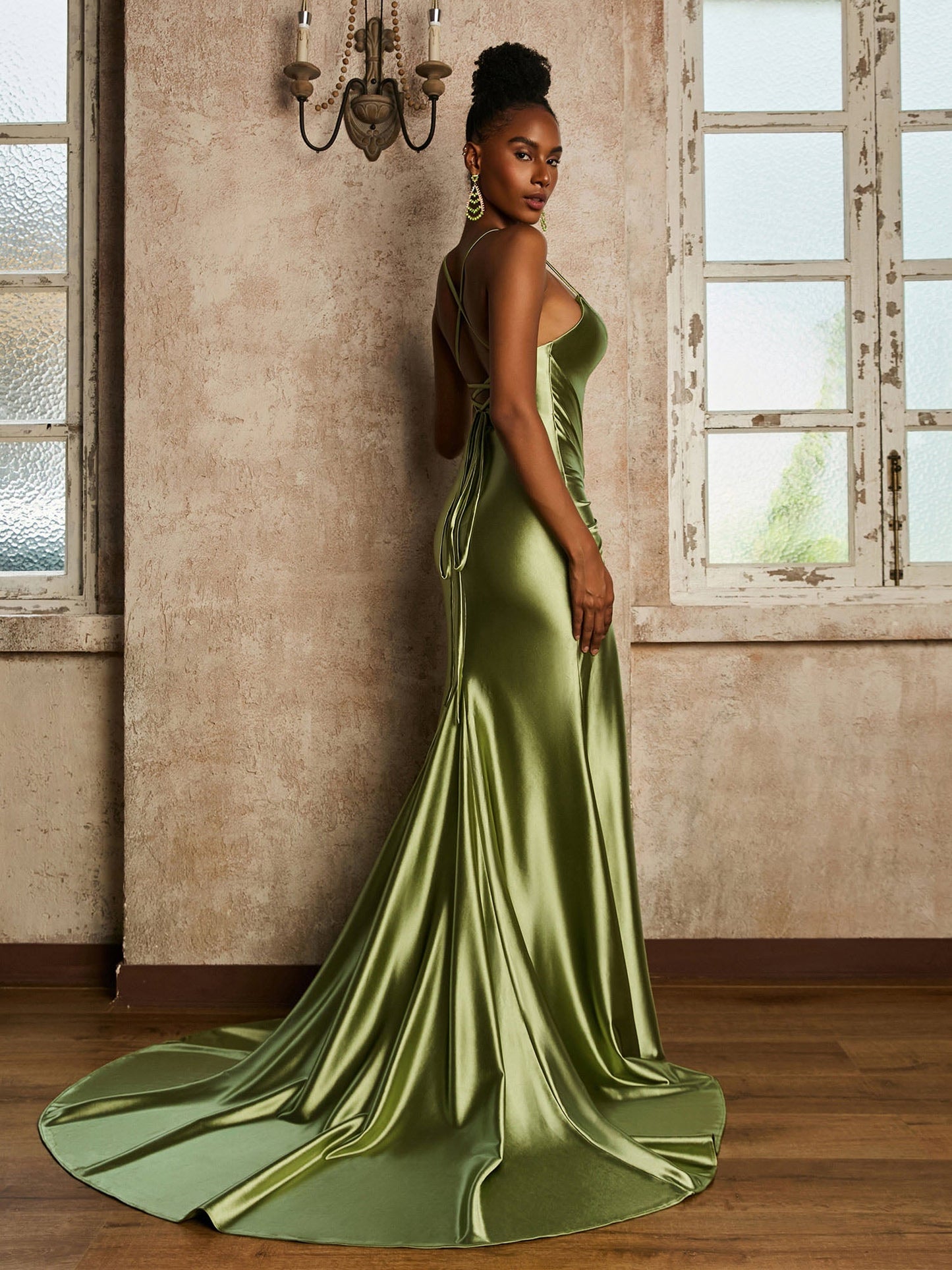 Waist Pleated Mermaid Stretch Satin Dress Dusty Sage