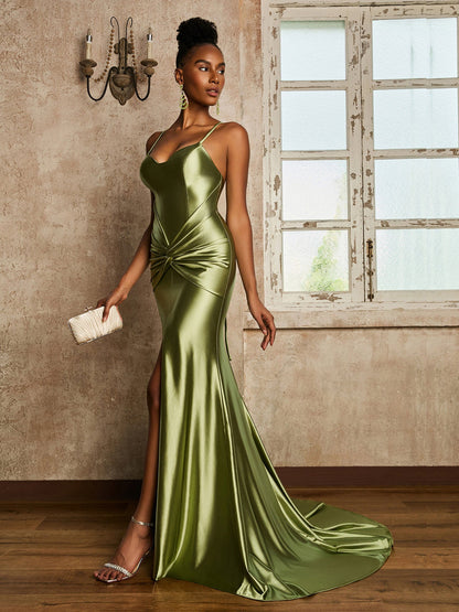 Waist Pleated Mermaid Stretch Satin Dress Dusty Sage