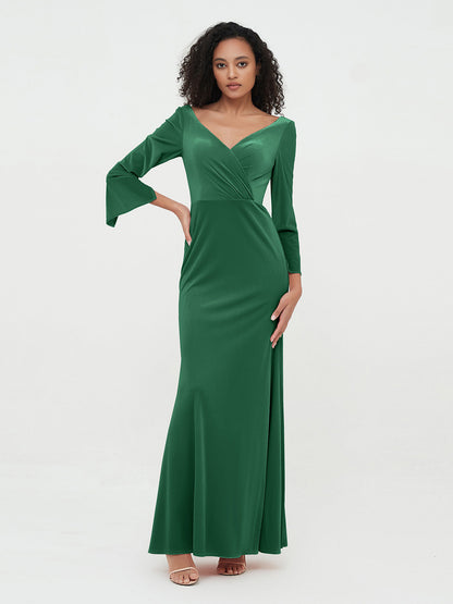 V neck Mermaid Velvet Max Dresses with Sleeves Dark Green
