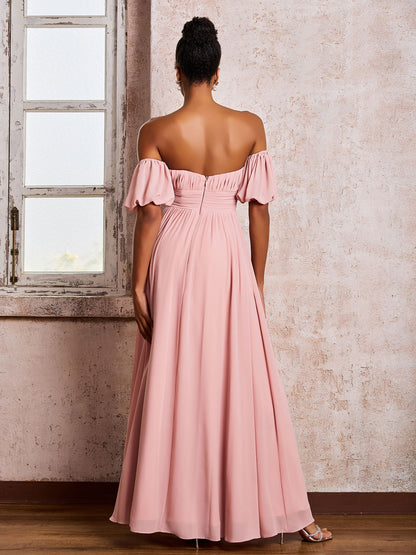 Flutter Sleeves Square Chiffon Dresses With Slit Dusty Rose