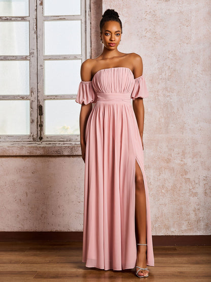 Flutter Sleeves Square Chiffon Dresses With Slit Dusty Rose