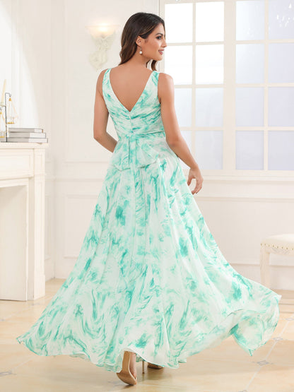 V Neck Long Chiffon Dress with Bow Mint Marble