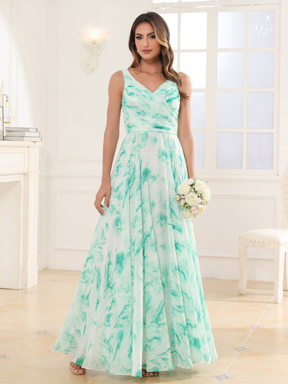 V Neck Long Chiffon Dress with Bow Mint Marble