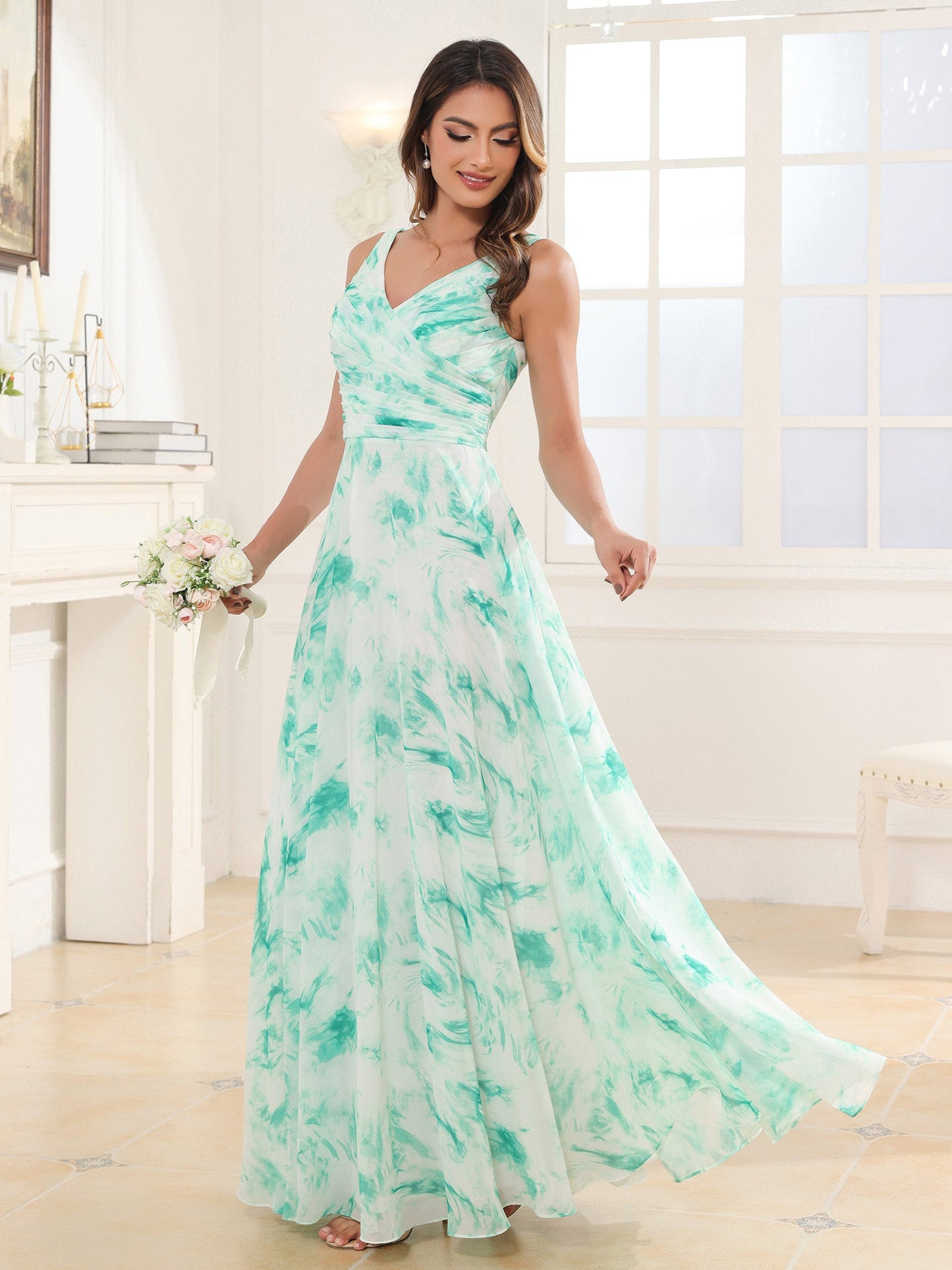 V Neck Long Chiffon Dress with Bow Mint Marble