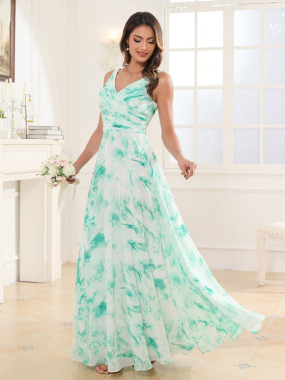 V Neck Long Chiffon Dress with Bow Mint Marble
