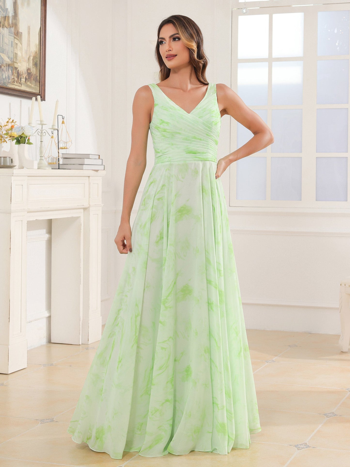 V Neck Long Chiffon Dress with Bow Sage Dream
