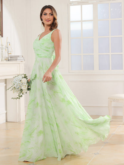V Neck Long Chiffon Dress with Bow Sage Dream