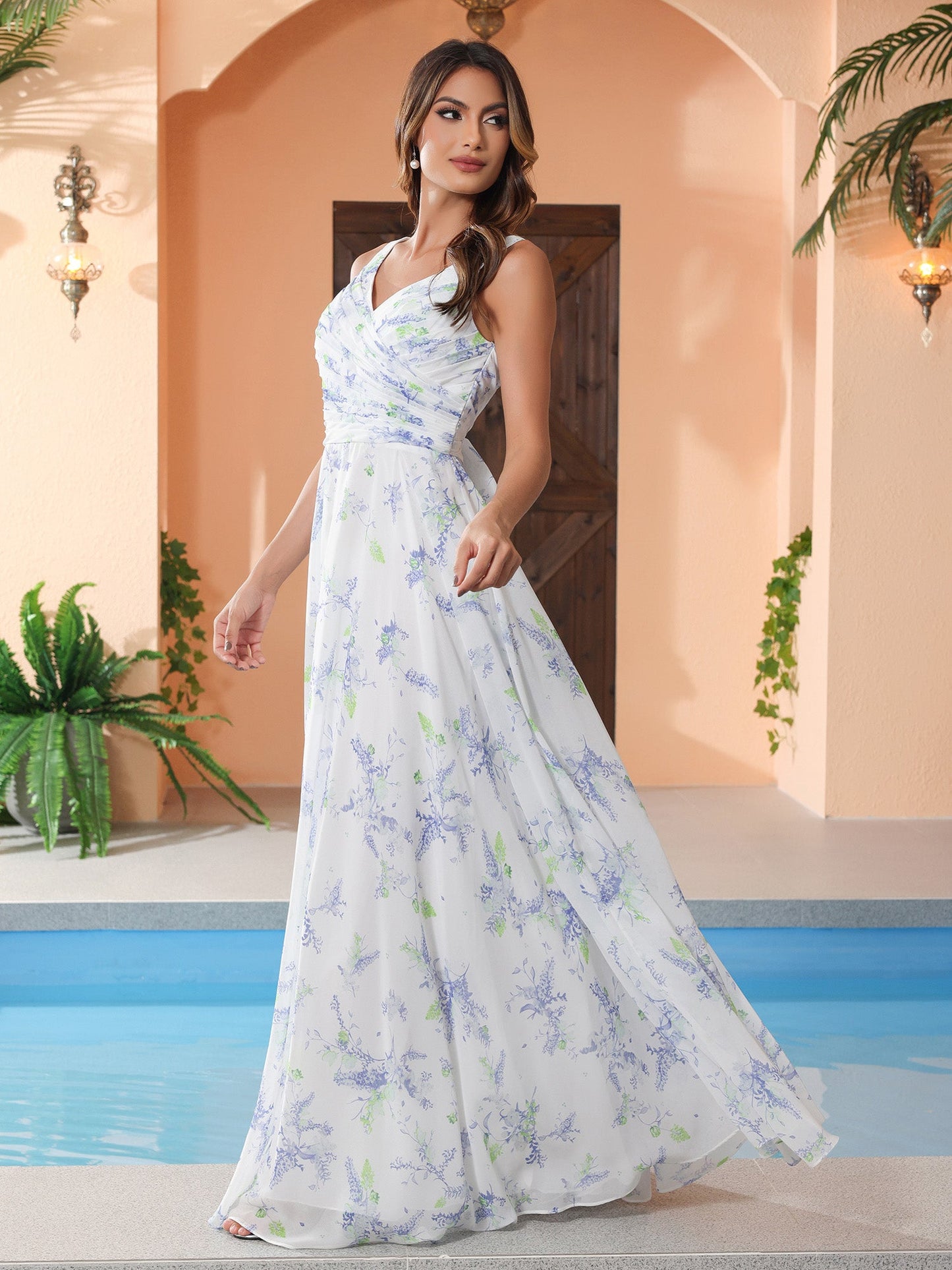 Lavender Floral V-neck Spaghetti Straps Bridesmaid Dress