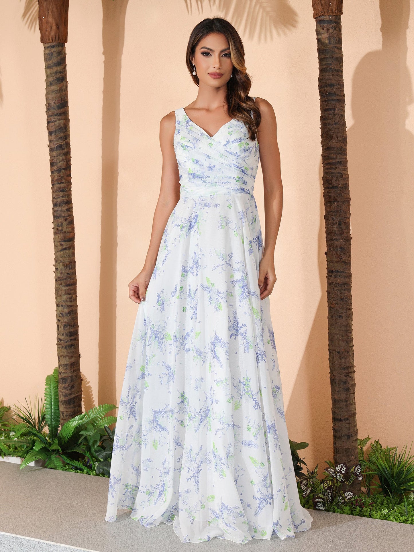 Lavender Floral V-neck Spaghetti Straps Bridesmaid Dress