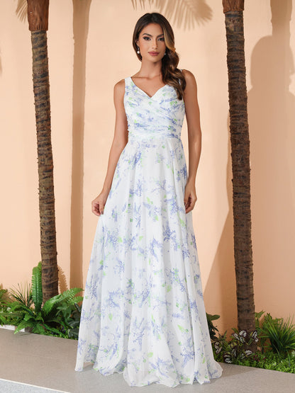 Lavender Floral V-neck Spaghetti Straps Bridesmaid Dress