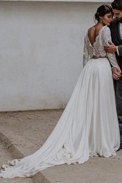 Casual Style Long Sleeve Lace Crop Top Boho Two Piece Wedding Dresses