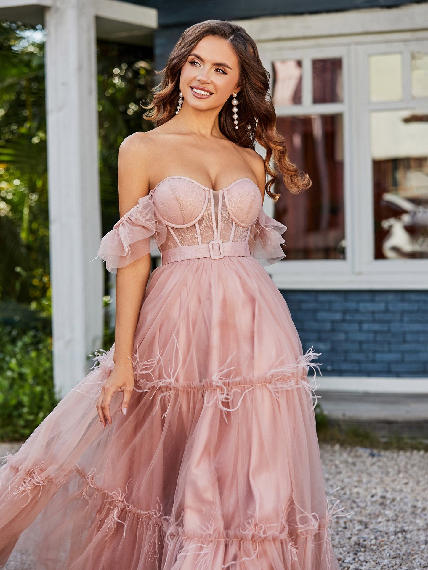 Boho Tiered Skirt Corset Bodice Tulle Dress Dusty Rose