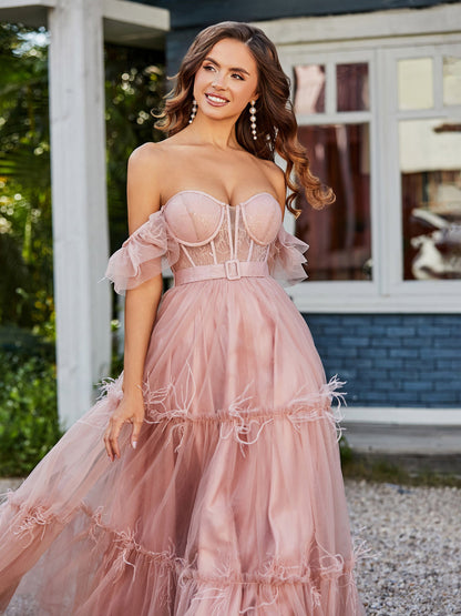Boho Tiered Skirt Corset Bodice Tulle Dress Dusty Rose