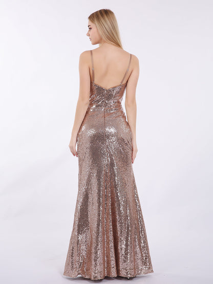 Spaghetti Strap Sequins Gown with Sweetheart Metallic Gold