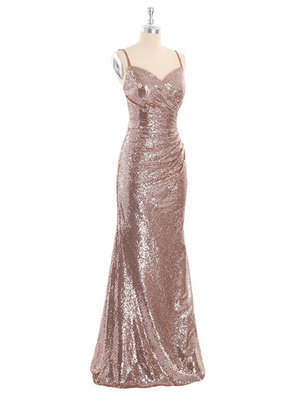 Spaghetti Strap Sequins Gown with Sweetheart Metallic Gold