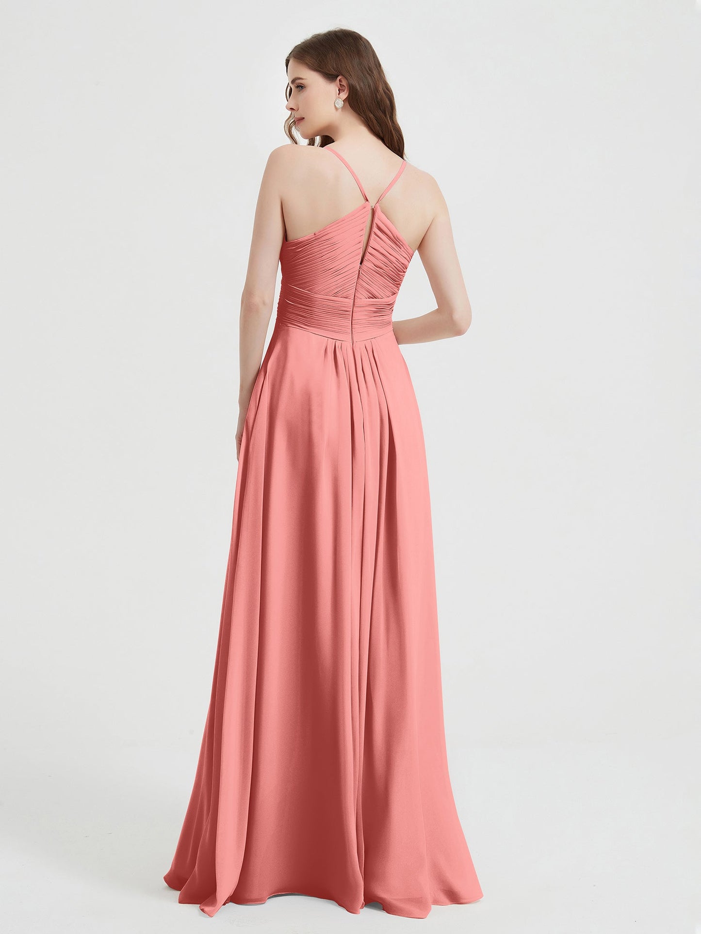 Spaghetti Strap V neck Chiffon Dress with Pockets Sunset