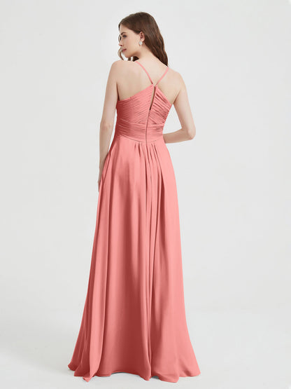 Spaghetti Strap V neck Chiffon Dress with Pockets Sunset