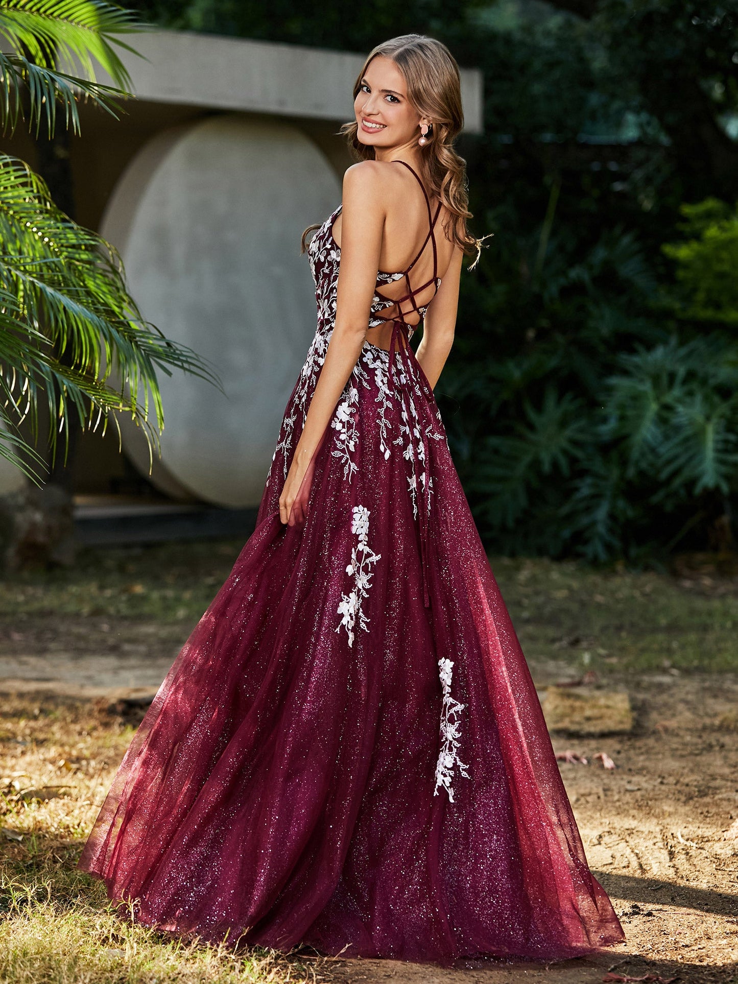 Lace Applique High Slit Tulle Dress Burgundy