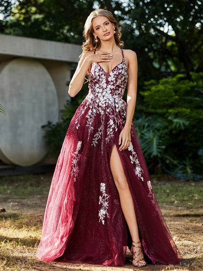 Lace Applique High Slit Tulle Dress Burgundy