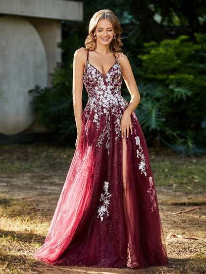 Lace Applique High Slit Tulle Dress Burgundy