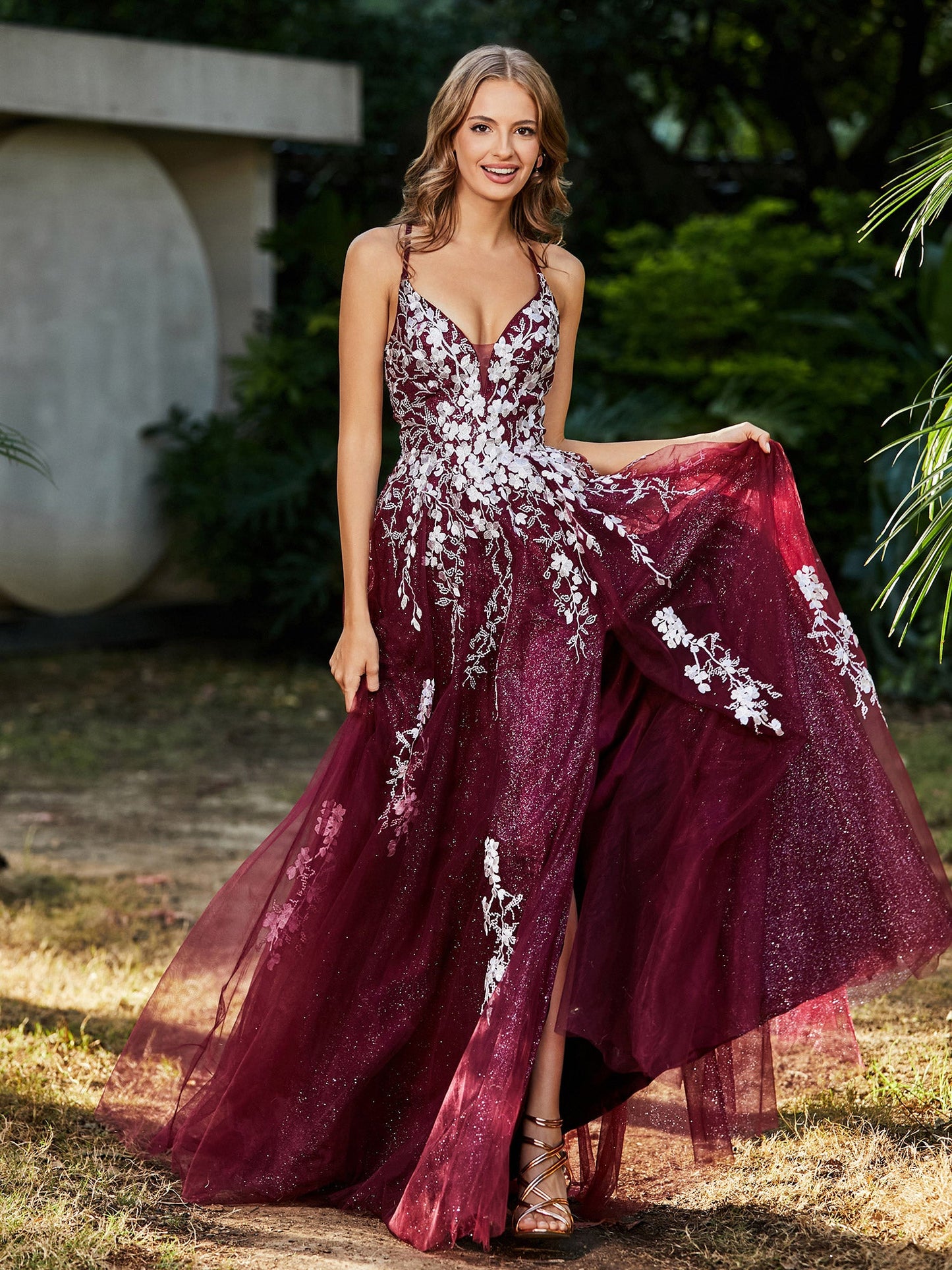 Lace Applique High Slit Tulle Dress Burgundy