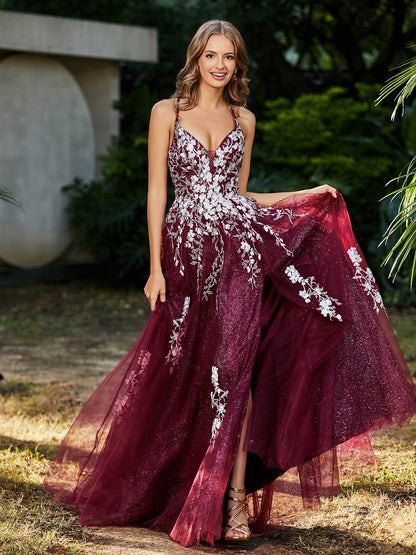 Lace Applique High Slit Tulle Dress Burgundy