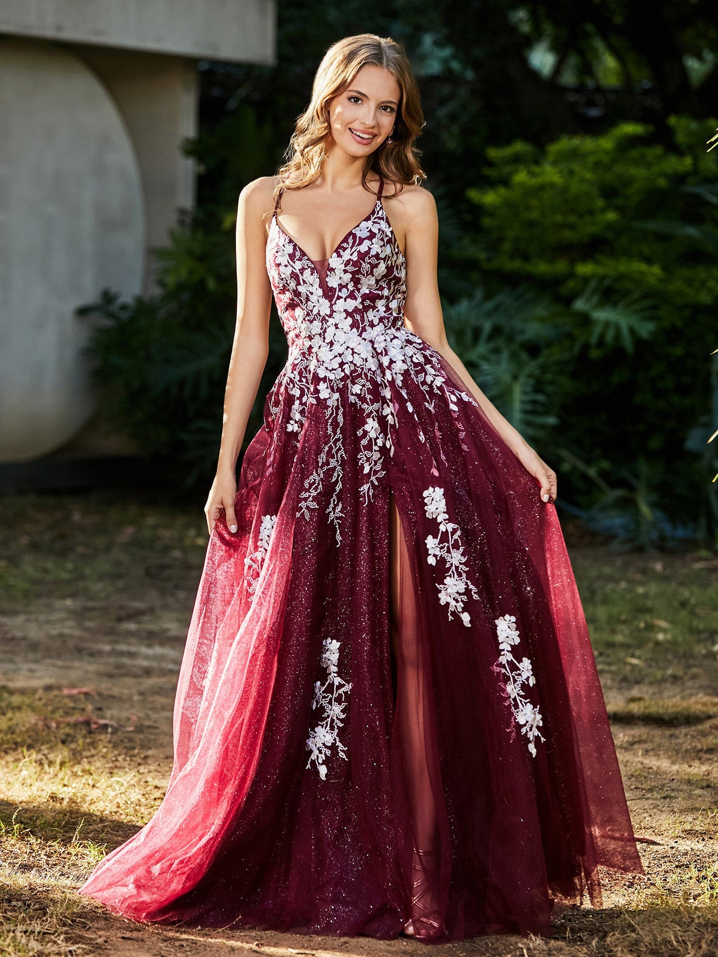 Lace Applique High Slit Tulle Dress Burgundy