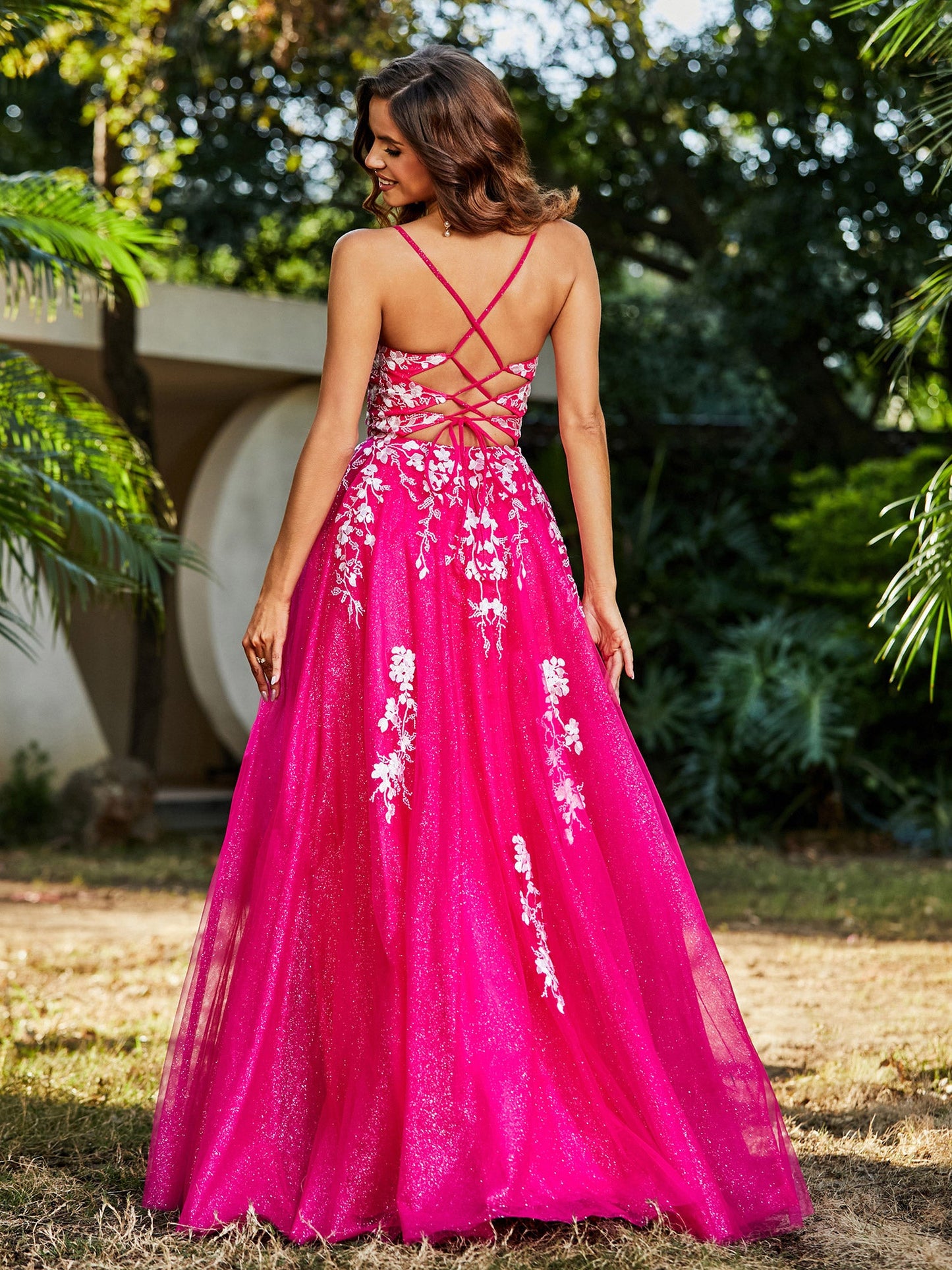 Lace Applique High Slit Tulle Dress Fuchsia