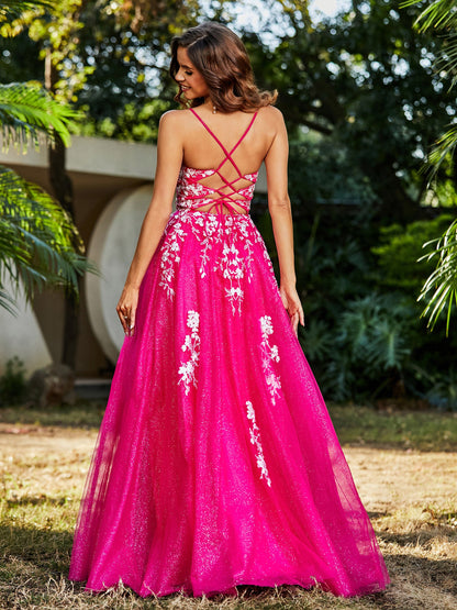 Lace Applique High Slit Tulle Dress Fuchsia