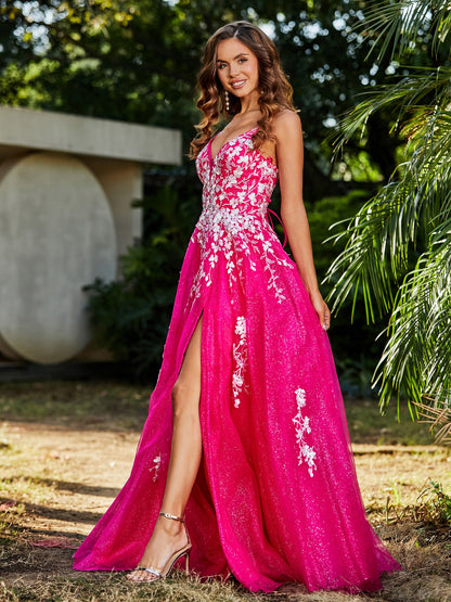 Lace Applique High Slit Tulle Dress Fuchsia