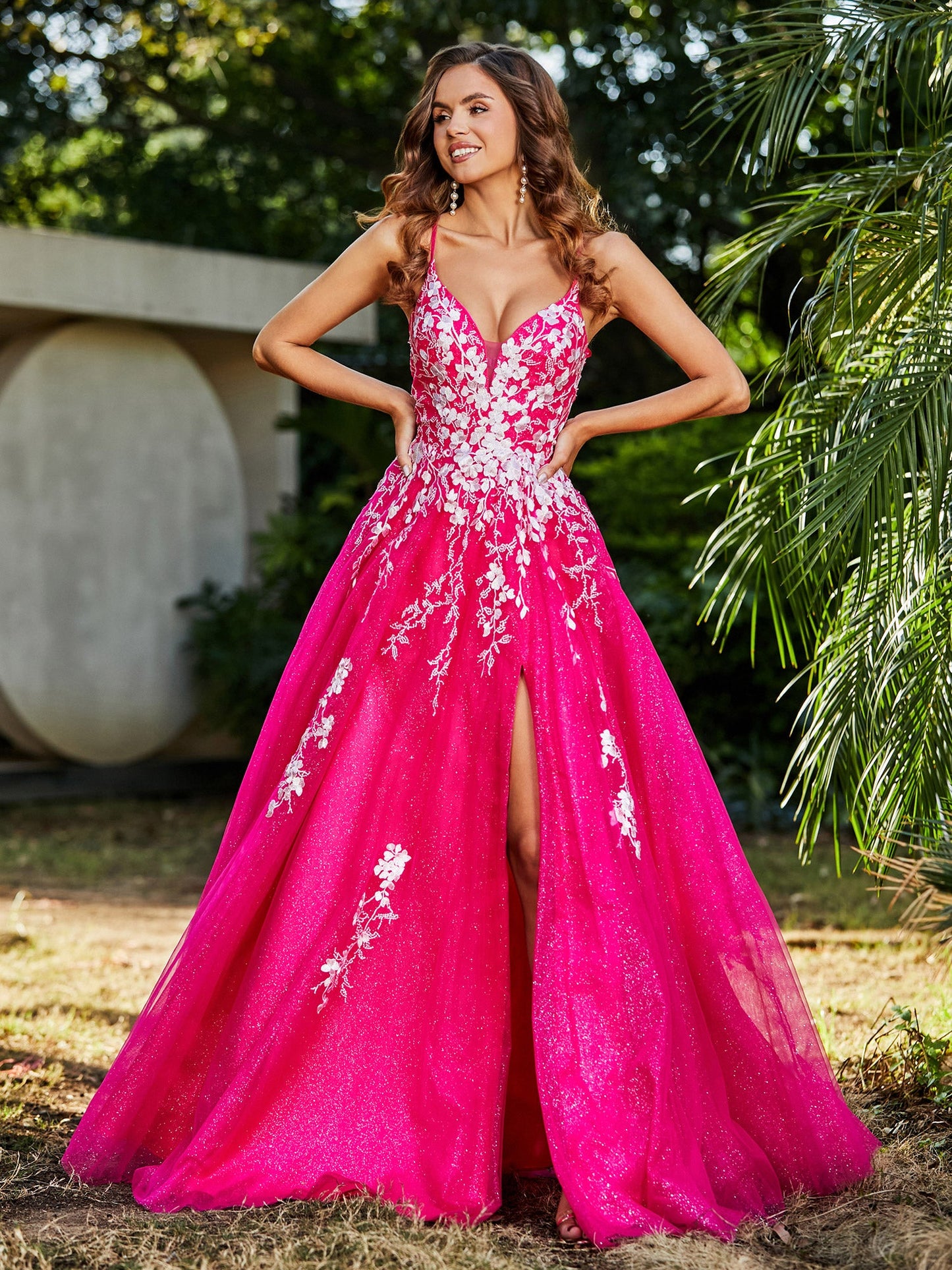 Lace Applique High Slit Tulle Dress Fuchsia