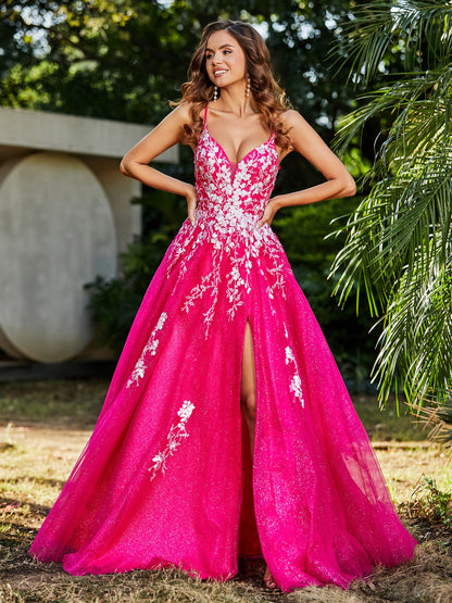 Lace Applique High Slit Tulle Dress Fuchsia