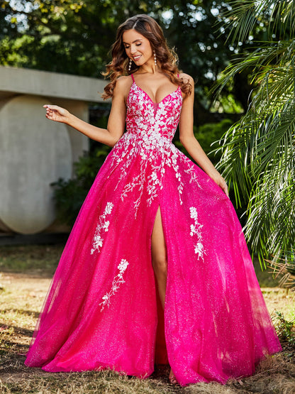 Lace Applique High Slit Tulle Dress Fuchsia