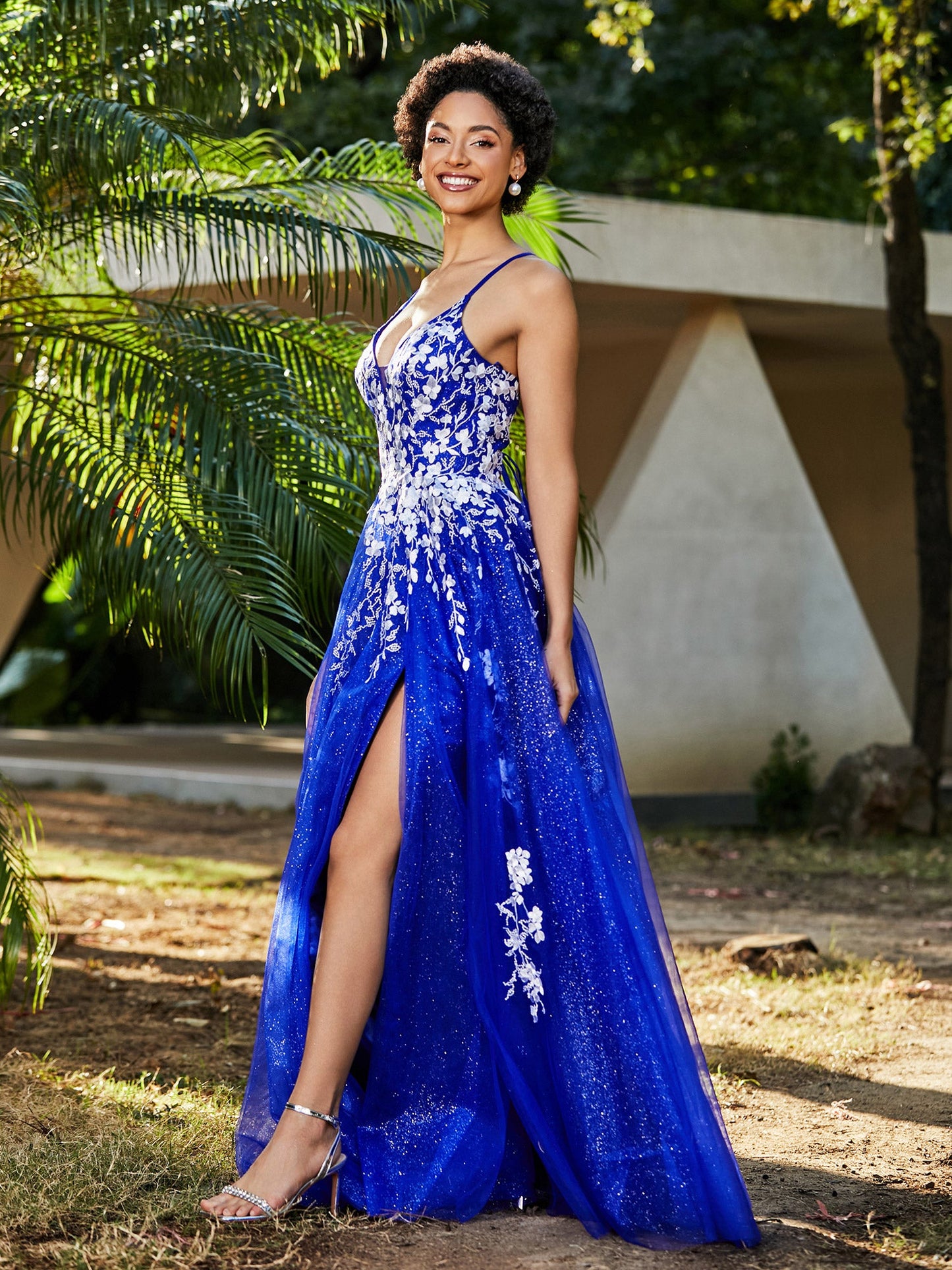 Lace Applique High Slit Tulle Dress Royal Blue