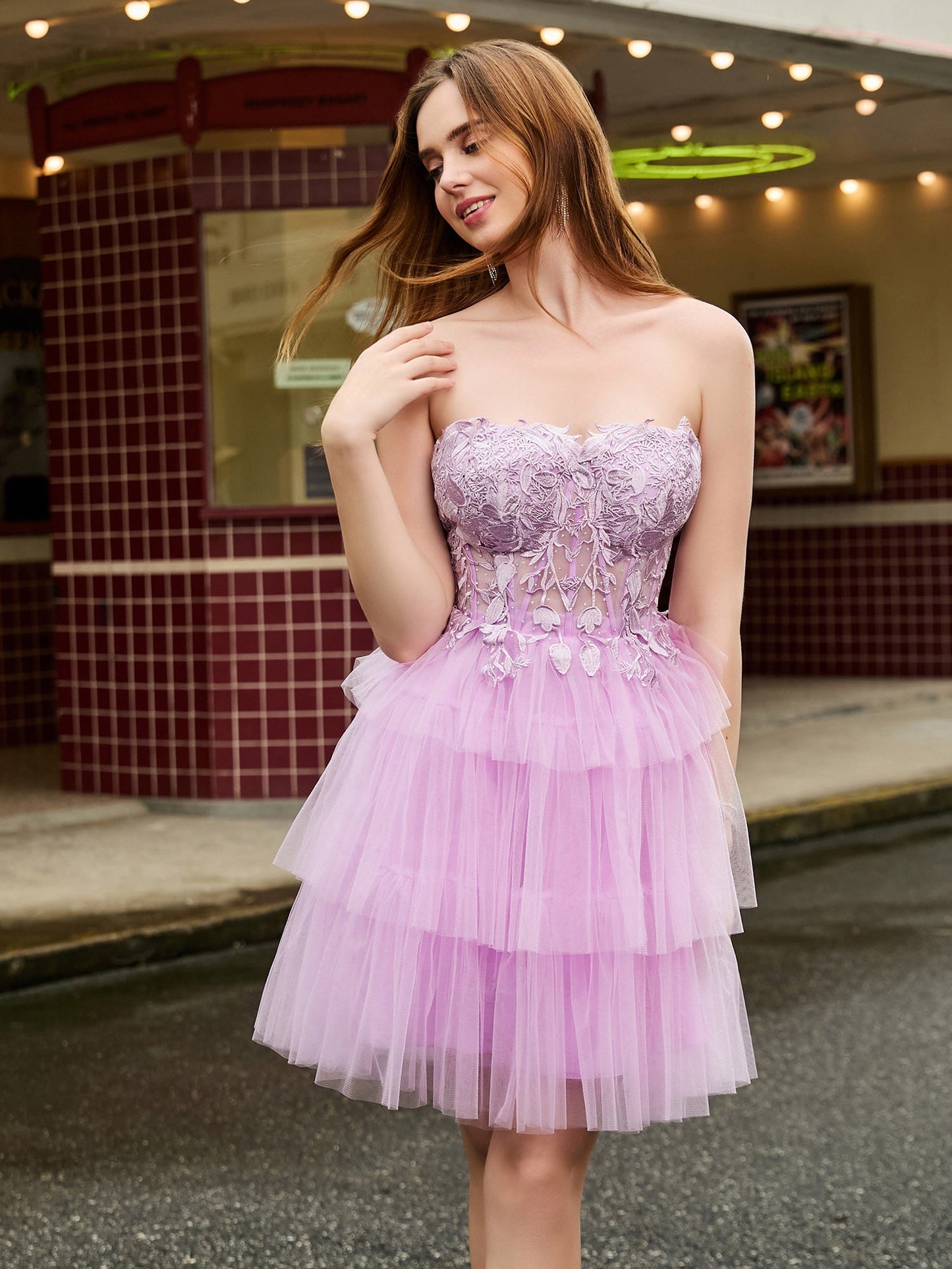 Strapless Corset Top Tiered Tulle Short Dress Lilac