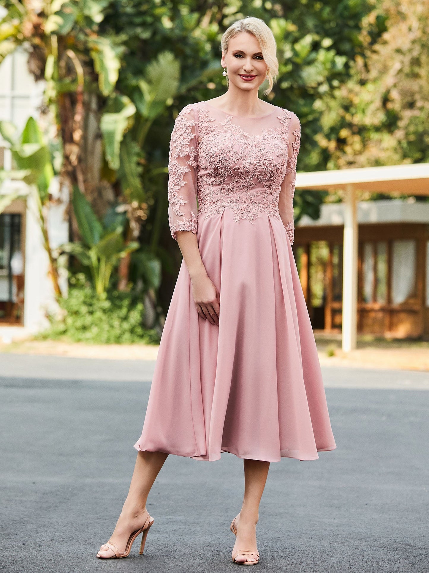 A-line Lace Appliqued Tea-length Dress Dusty Rose