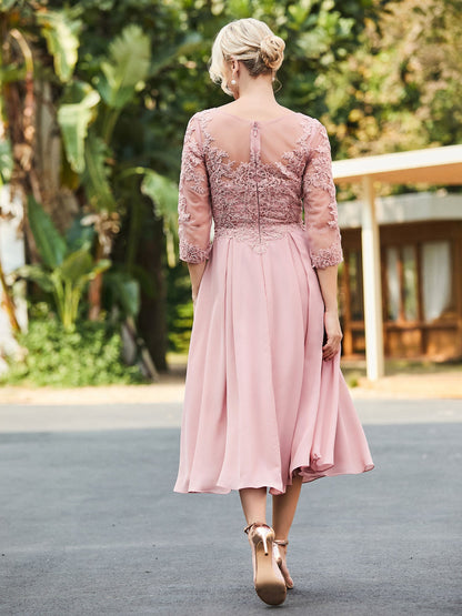 A-line Lace Appliqued Tea-length Dress Dusty Rose